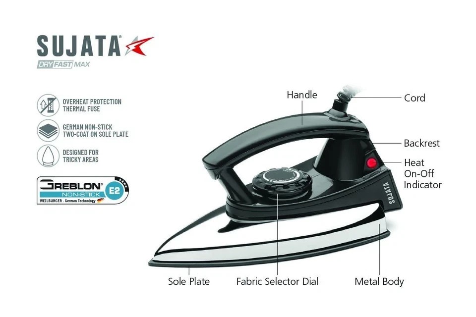 Sujata Dryfast Max 1000 Watts Stainless Steel Dry Iron Non-stick 220V