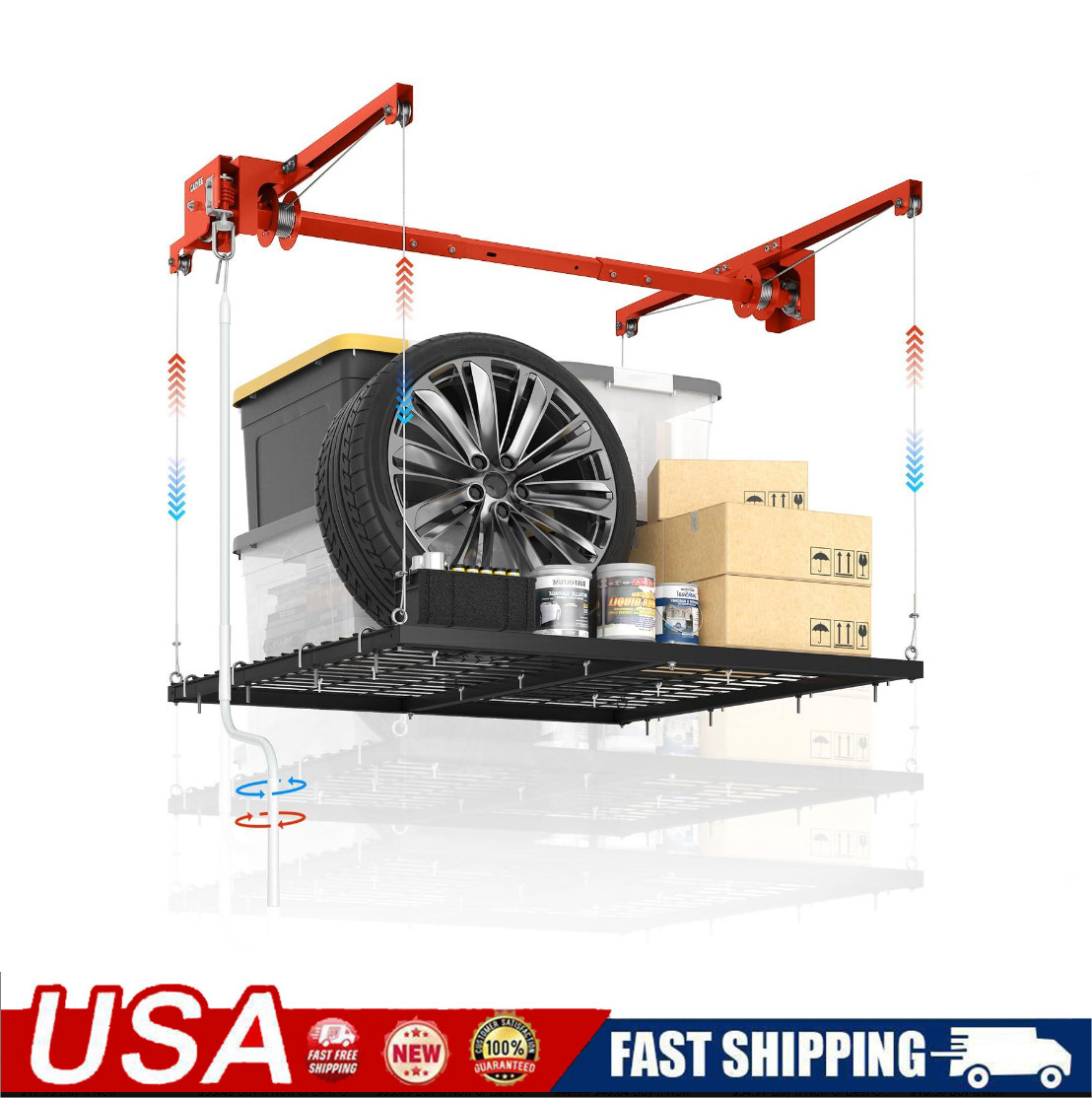 4x8FT Overhead Garage Storage Rack 800LB Capacity Fits 8-14ft Ceiling Hoist