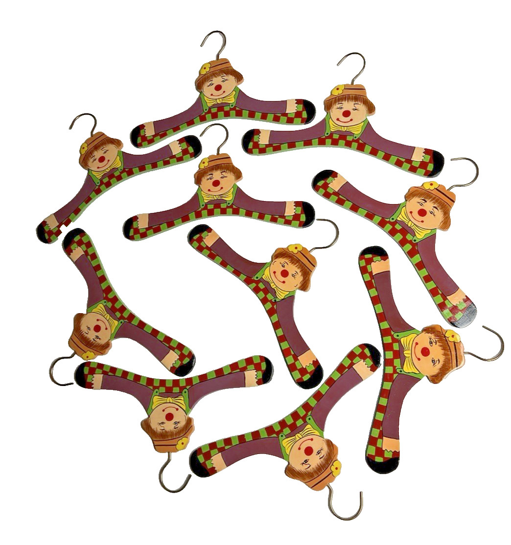 10 Vintage Children’s Clown Face Wooden Hangers-Hand Painted & Lacquered-NEW!