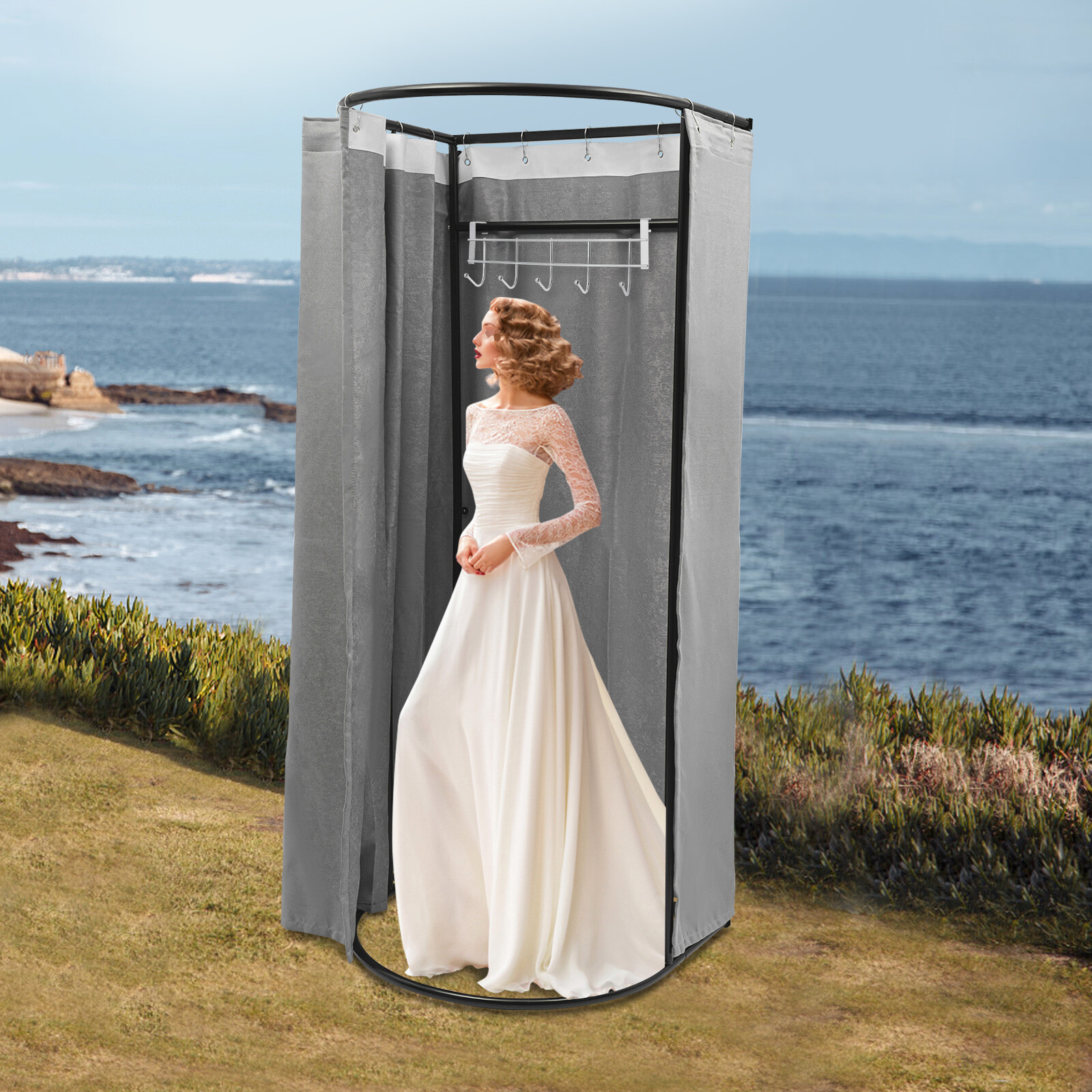 Fitting Room with Grey Shading Curtain, Portable Clothing Store Dressing Room