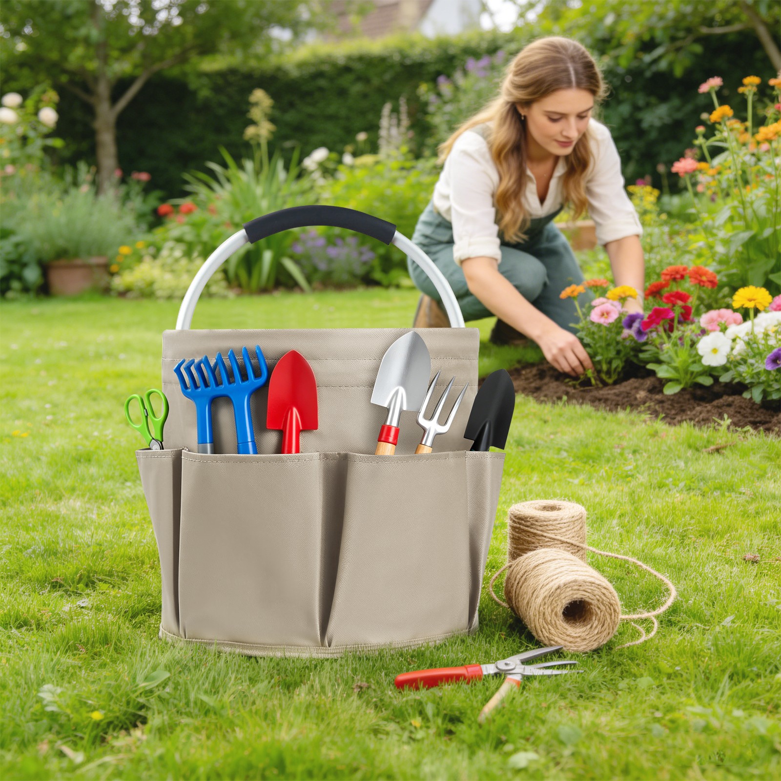 Foldable Storage Basket With Six Side Pockets And Large Central Compartment