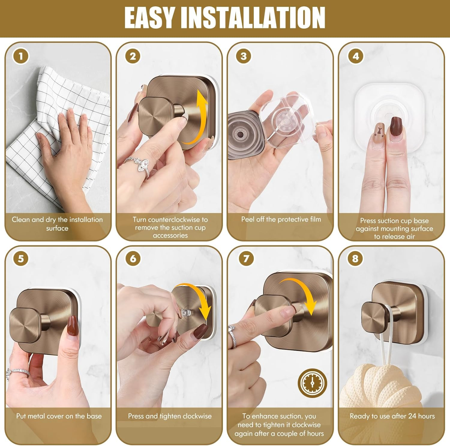 Heavy-Duty Suction Cup Hooks for Bathroom and Wreaths – Champagne Bronze (2 Pack