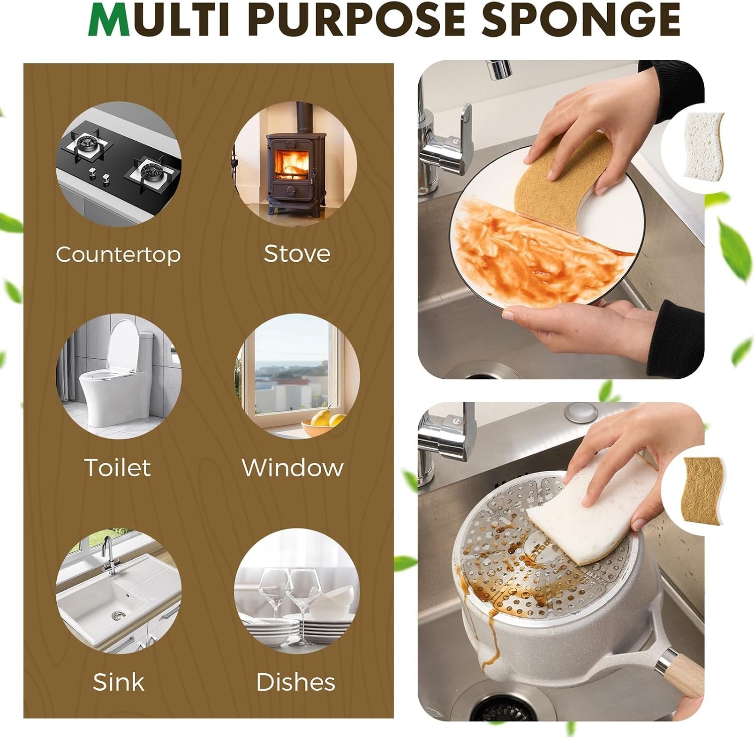 12 Pack Natural Biodegradable Kitchen Non Scratch Sponges,Compostable Plant B…