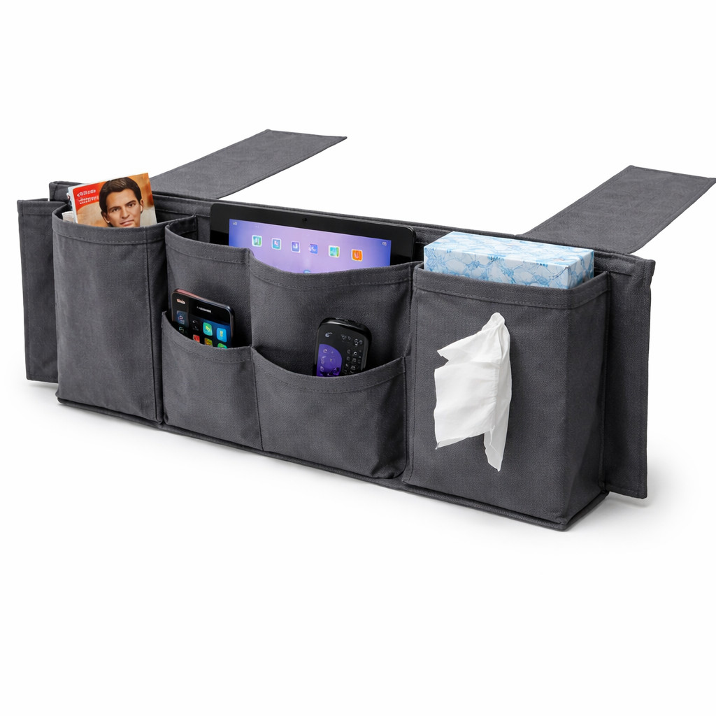 Bedside Couch Caddy Organizer 5 Pocket Hanging Storage Pouch for Bed Sofa Gray