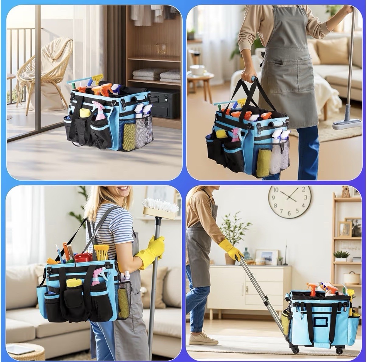 Large Rolling Cleaning Caddie Detachable Trolley with Waist Pouch Cleaning Tools