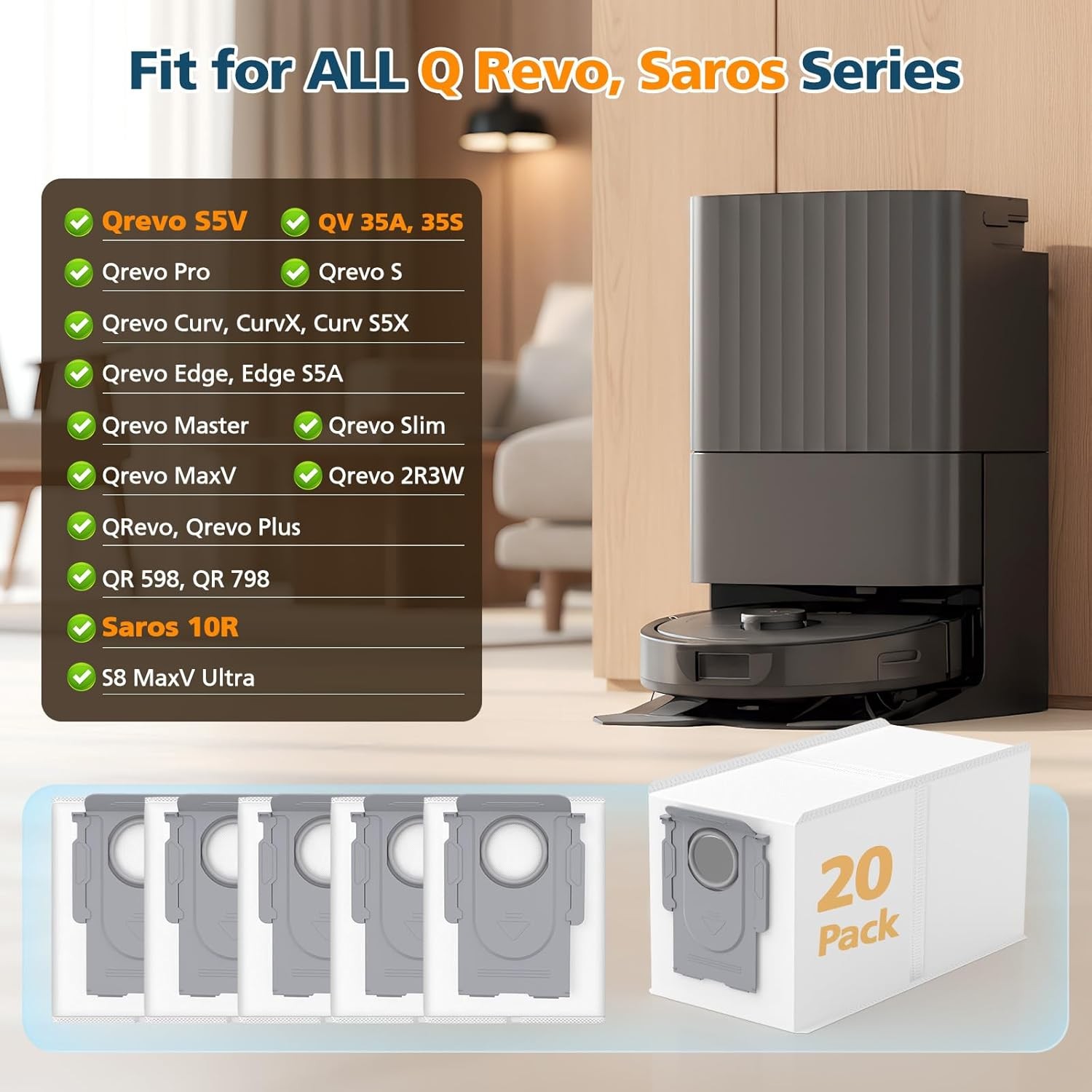 20 Pack QRevo Dust Bags Replacement for Roborock QV 35A Qrevo S5V Saros 10 10R