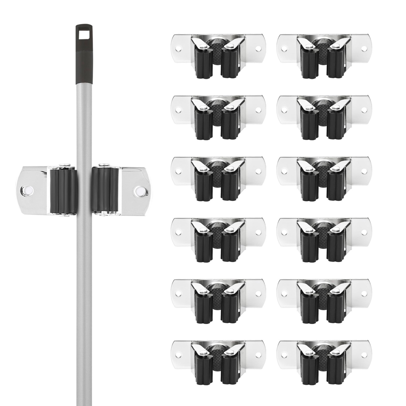 Superio Mop and Broom Holder, Wall Mount Heavy Duty, Single Piece Hooks Set