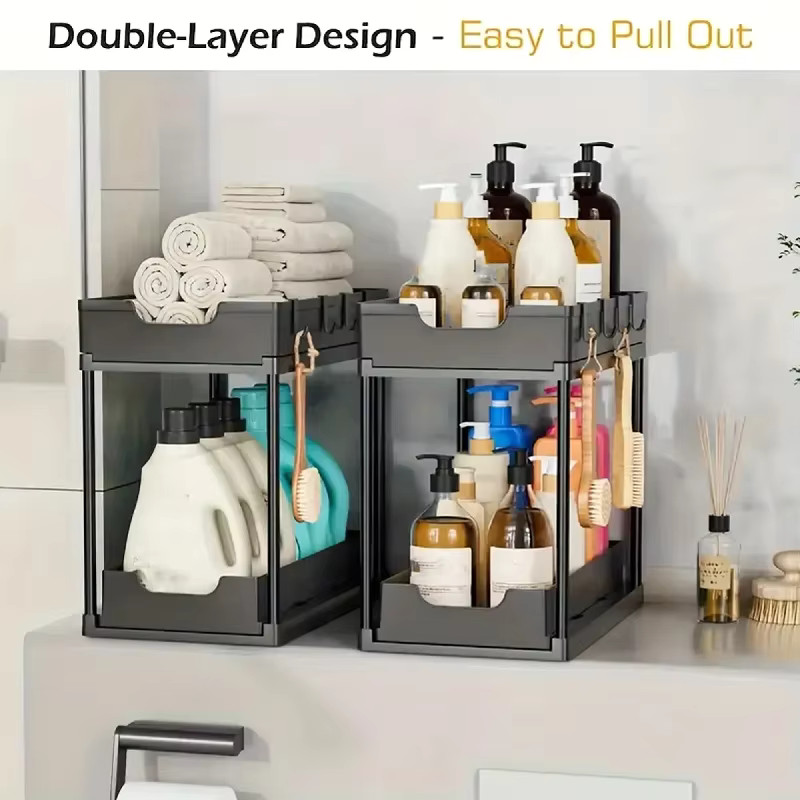 2 Tier Under Sink Organizer Storage Rack Bathroom Kitchen Sliding Shelf Cabinet
