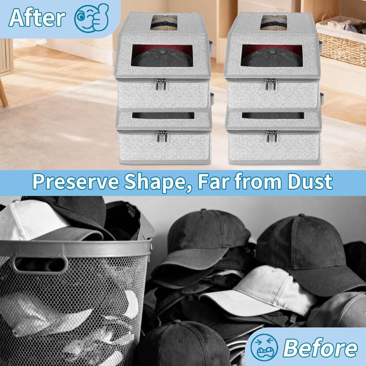2/1 Pack Hat Storage Boxes for Baseball Caps – Stackable Clear with Window Lid,