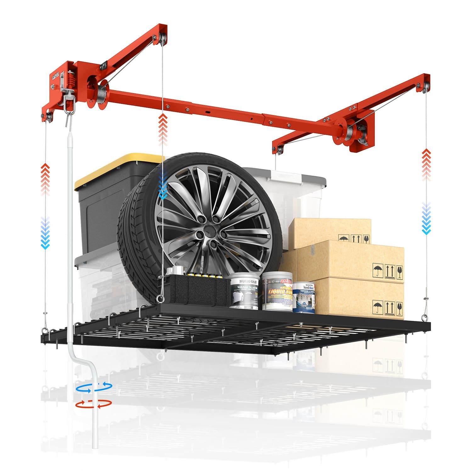 4x8FT Overhead Garage Storage Rack 800LB Capacity Fits 8-14ft Ceiling Hoist