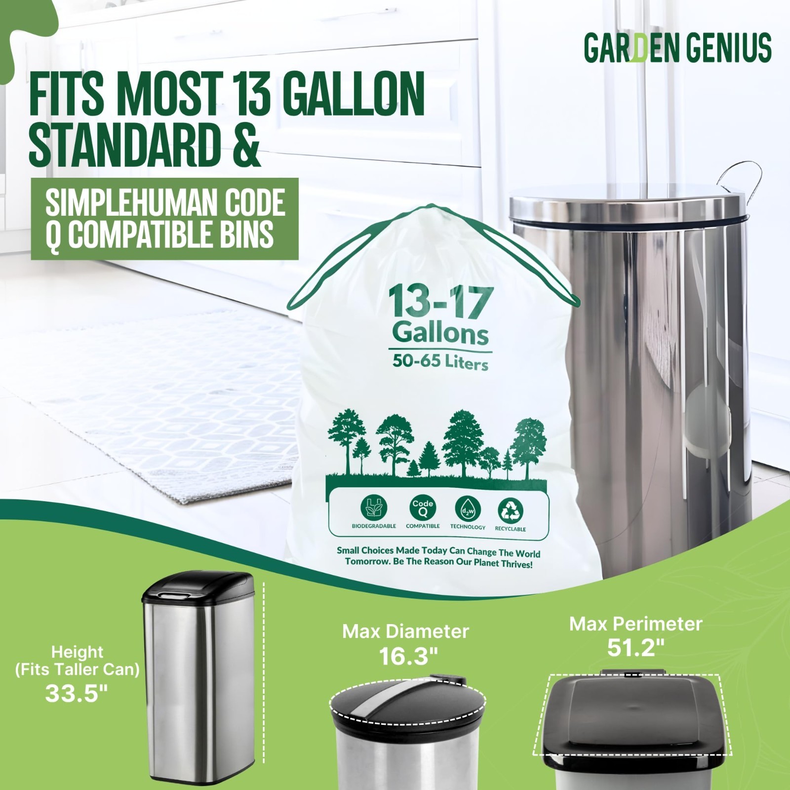 Biodegradable 13-17 Gallon Trash Bags, Heavy-Duty Drawstring Kitchen Bags, Eco-F