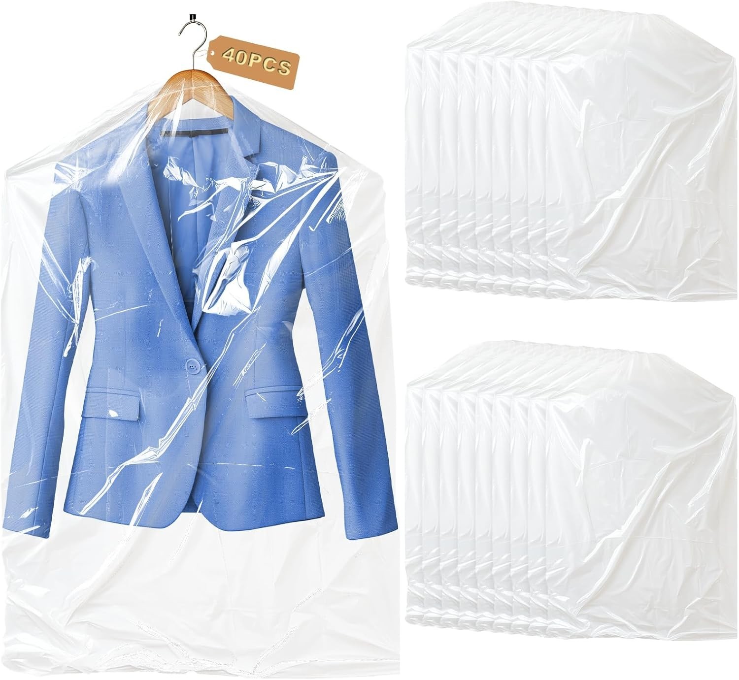 40 Pcs Dry Cleaner Clothes Covers Plastic Clear Garment Bags for Clothes 60x90cm