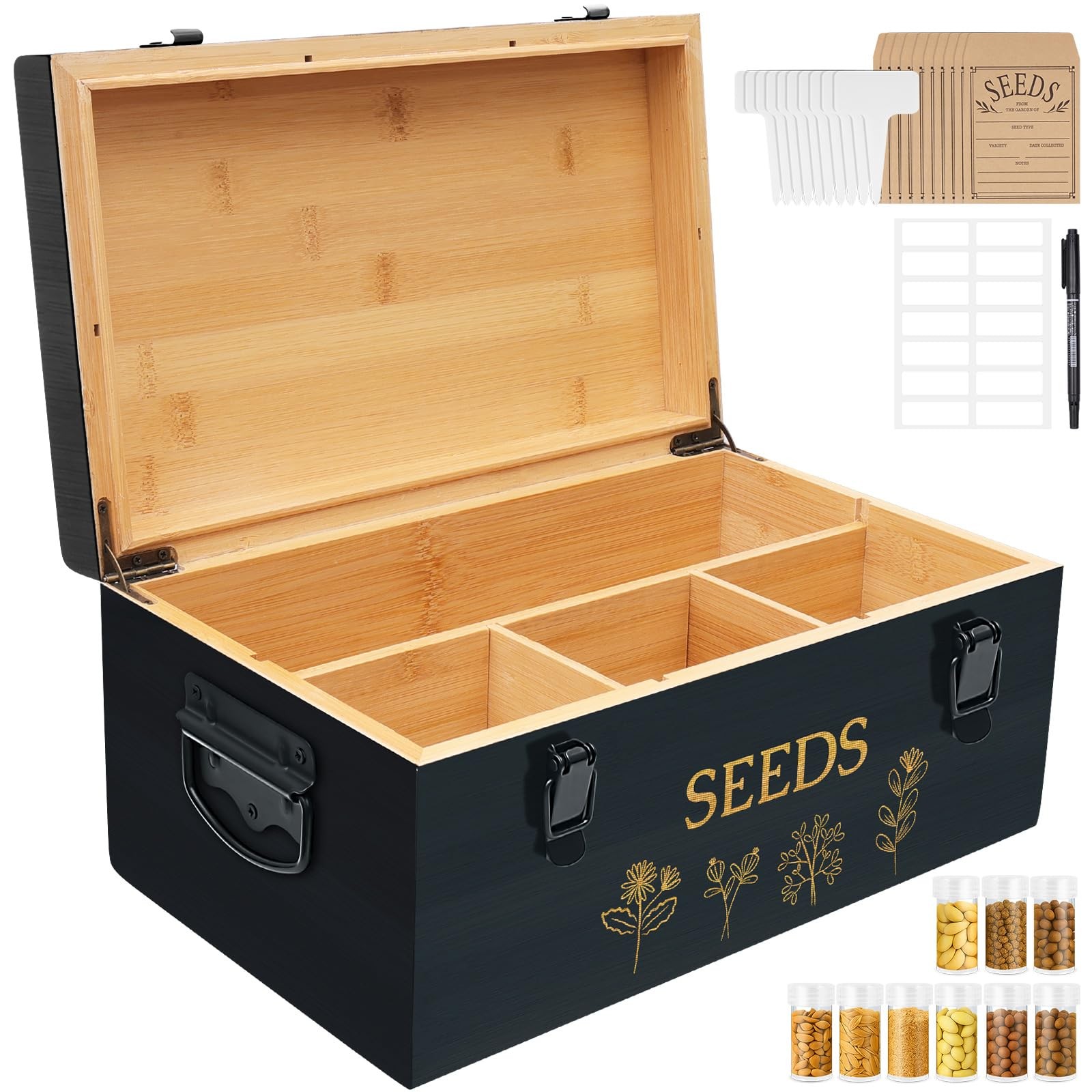 Large Bamboo Wood Seed Storage 13.2 x 7.8 x 5.9 inches, 3.Black(Large)