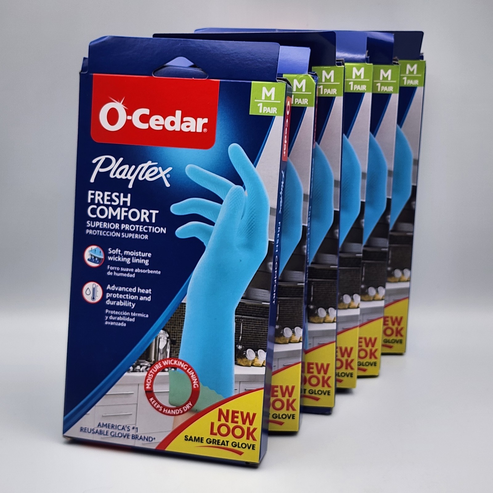 6 Pairs O-Cedar Playtex Fresh Comfort Blue Kitchen Rubber Gloves Size Medium