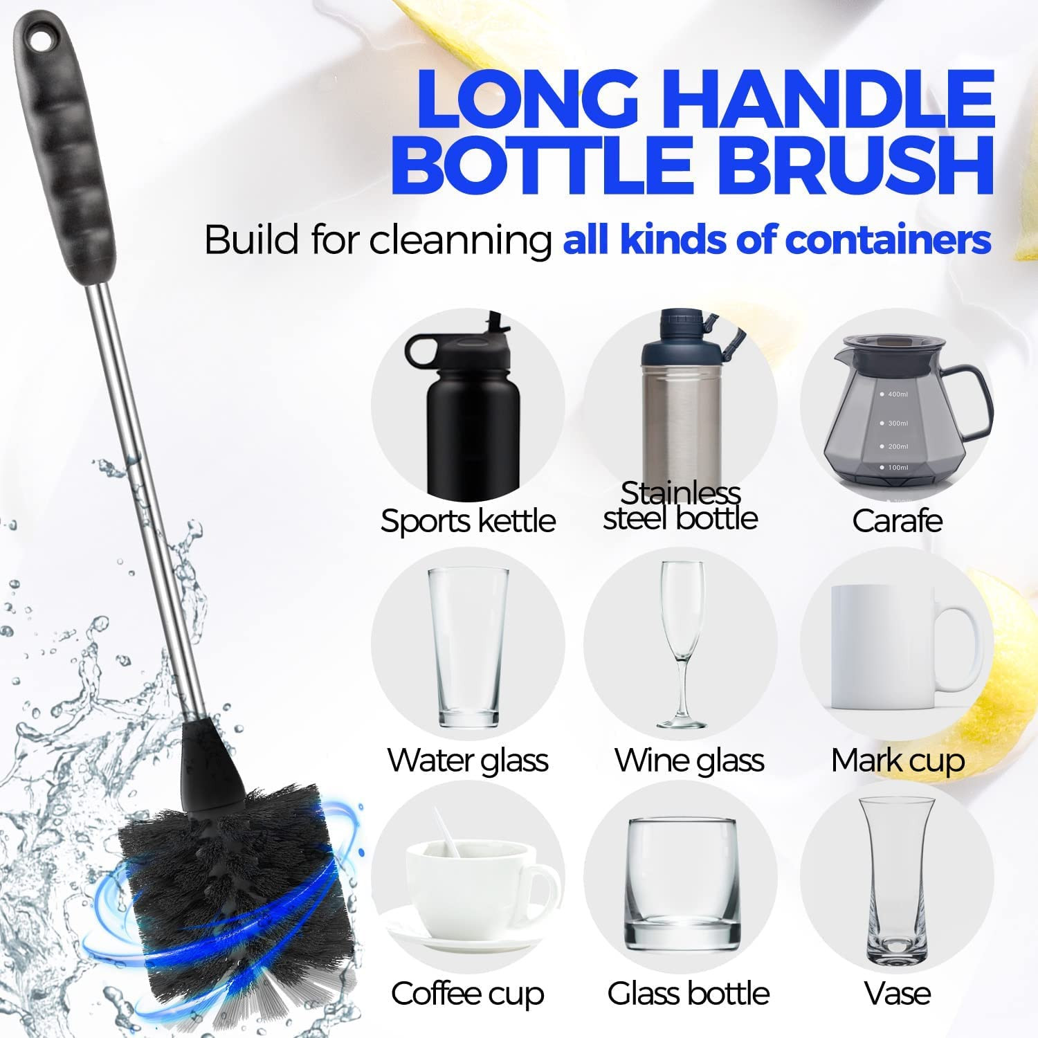 6 Pack Bottle Brush Set, 14″ Long Handle Stainless Steel Bottle Cleaner Brush, 3