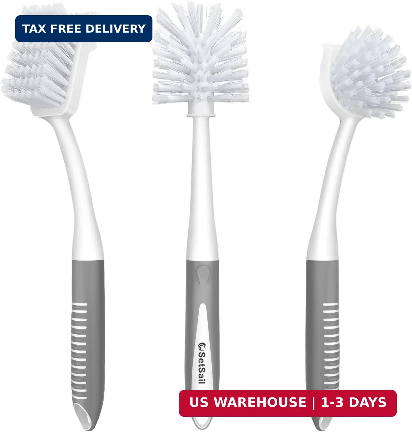 3 Pack Dish Brush Set, Long Handle Kitchen Scrub Brush, Gray | Built-In Scraper