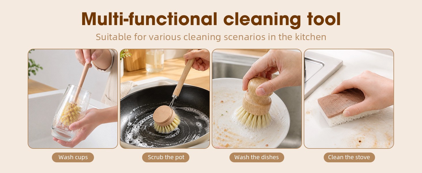 6 Pack Bamboo Dish Brush & Sponge Set, Wooden Handle Kitchen Scrub Brushes with