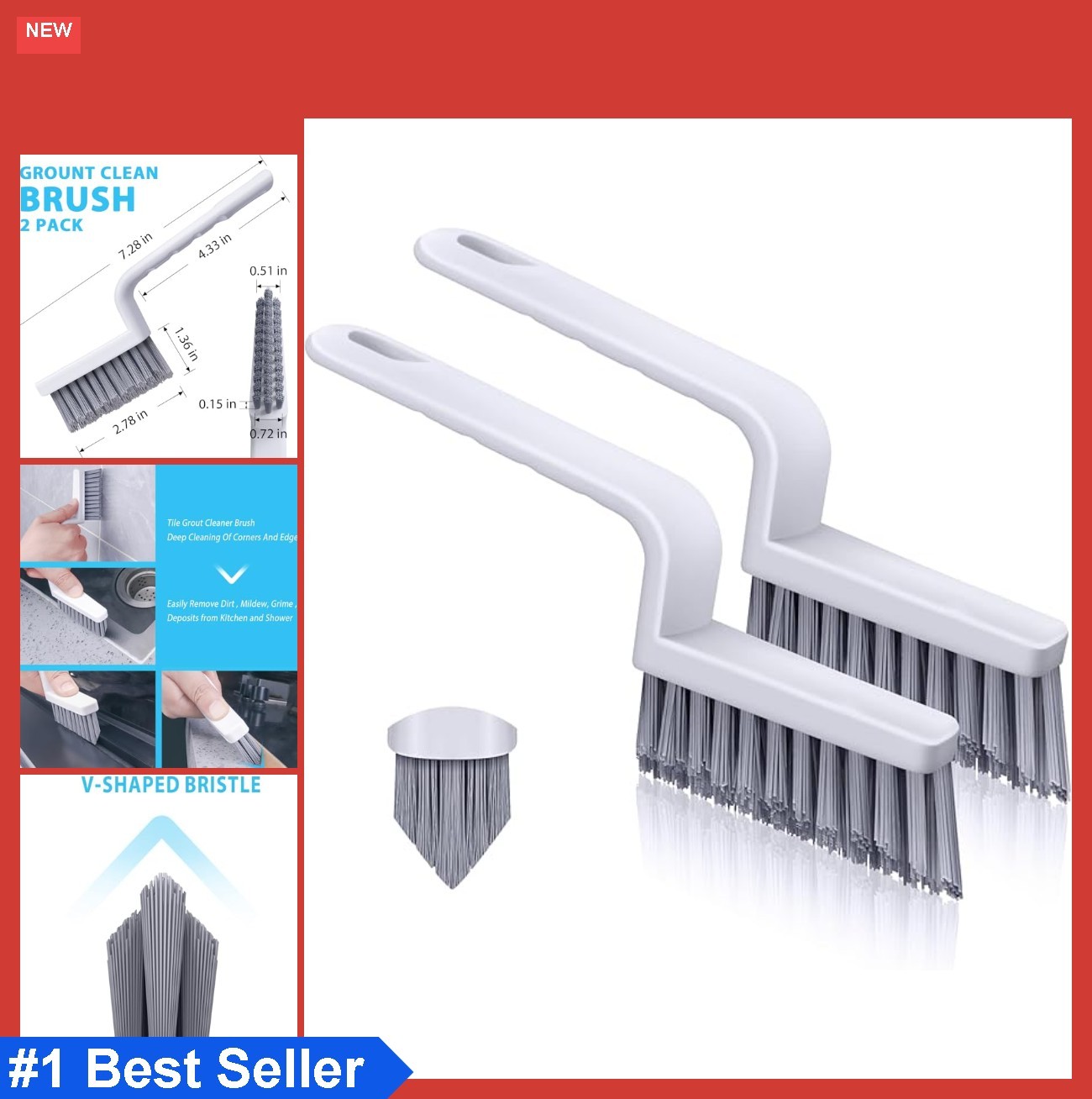 Grout Cleaner Brush V Shape Set 2 Pack Stiff Bristle Scrub Brush for Tile Floor