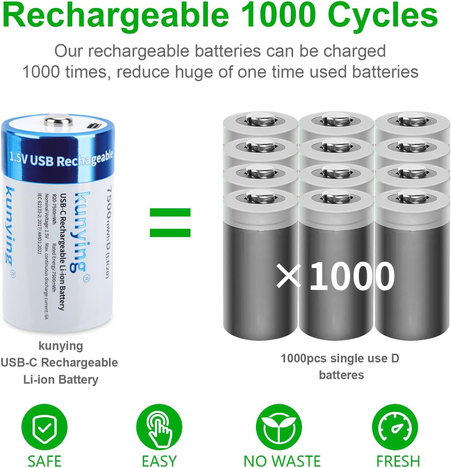 4-Pack Rechargeable Lithium D Batteries 7500mAh USB Charger for Flashlights