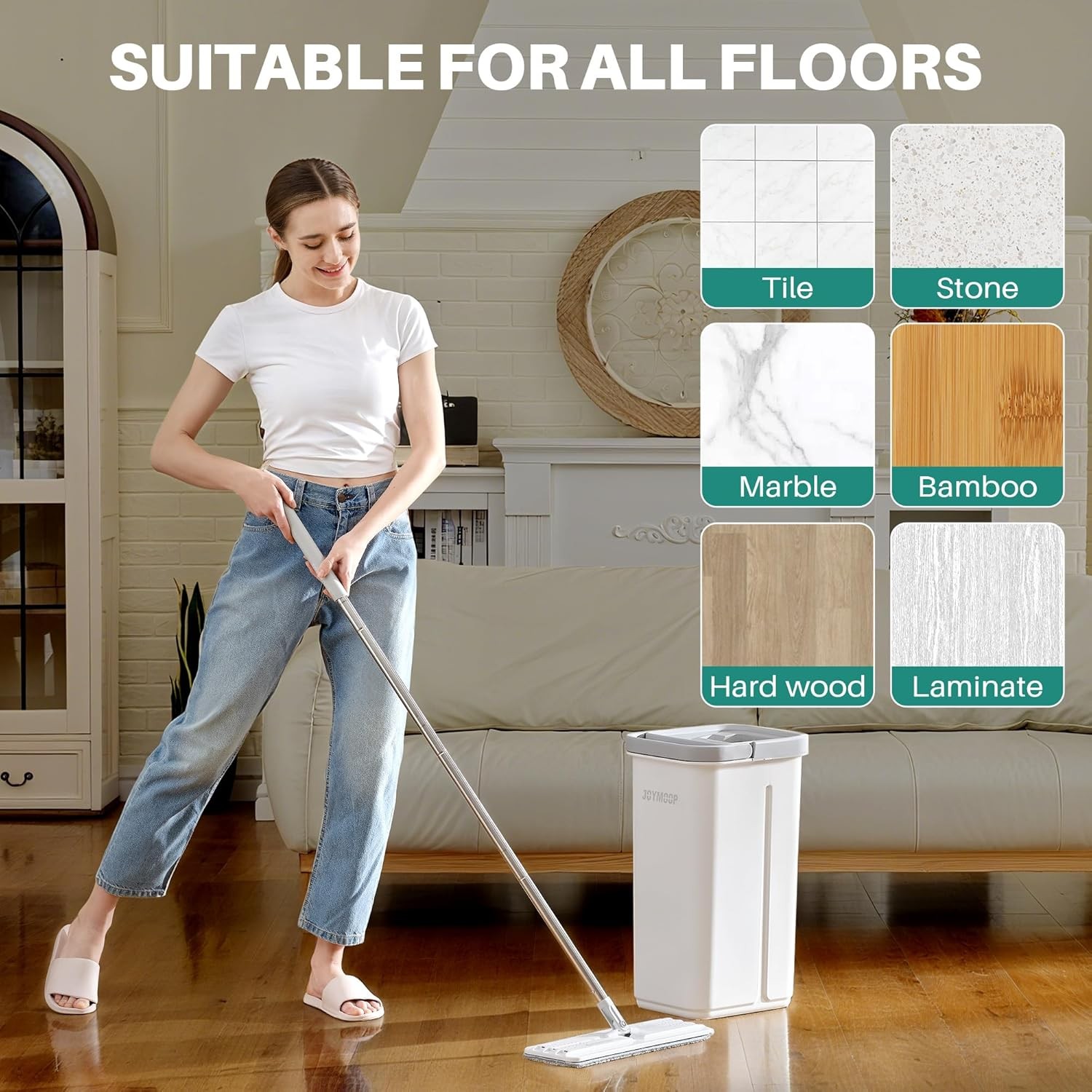 Flat Mop and Bucket System – Microfiber Floor Cleaner with 1 Pad White