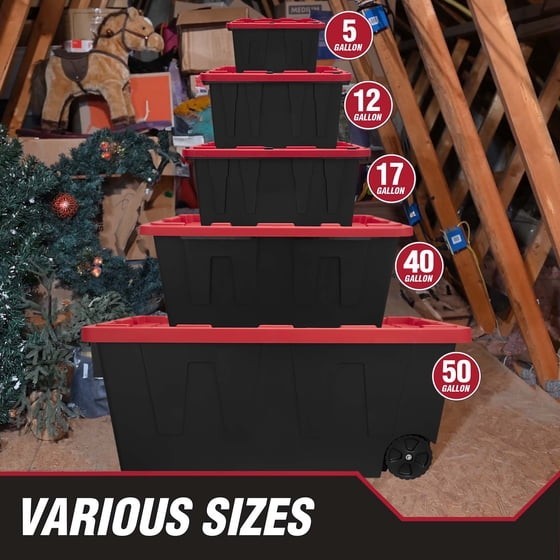 Hyper Tough 12 Gallon Small Storage Bin with Snap Lid, Black and Red, Heavy Duty