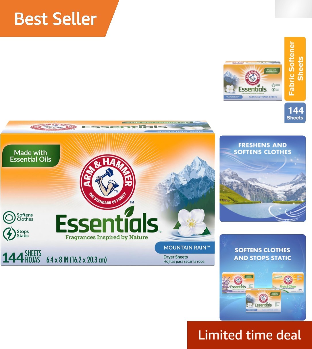 Mountain Rain Scented Fabric Softener Sheets – 144 Count for Soft, Fresh Clothes