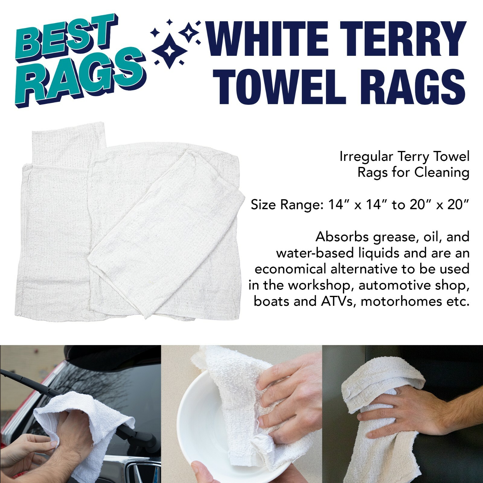 Terry Towel Cleaning Rags, Package Options, White, Multipurpose 14×14 to 20×20
