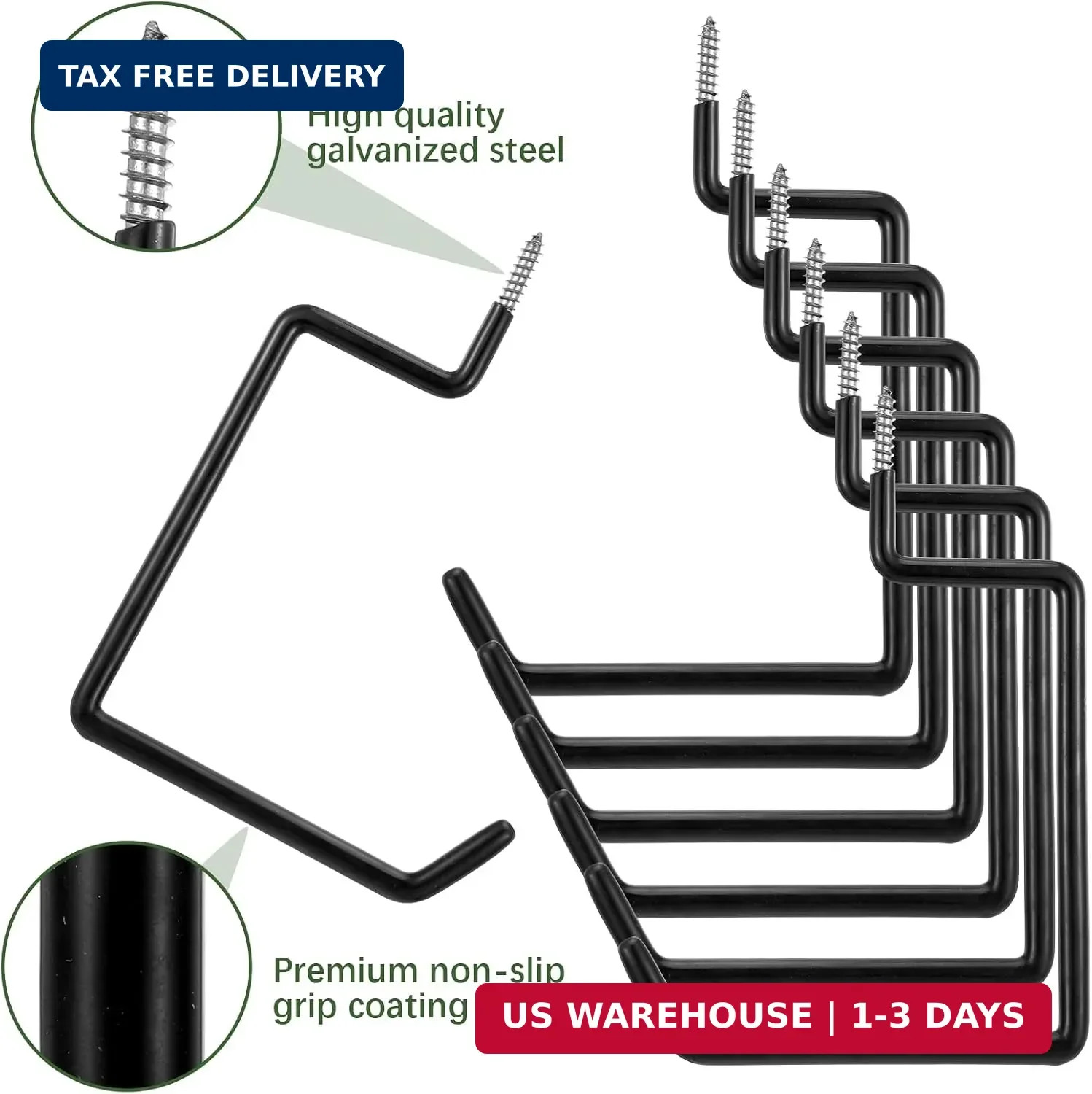 6 Pack Heavy Duty Screw-in Hooks, 75LB Capacity Black Ladder Hooks – Vinyl Coate