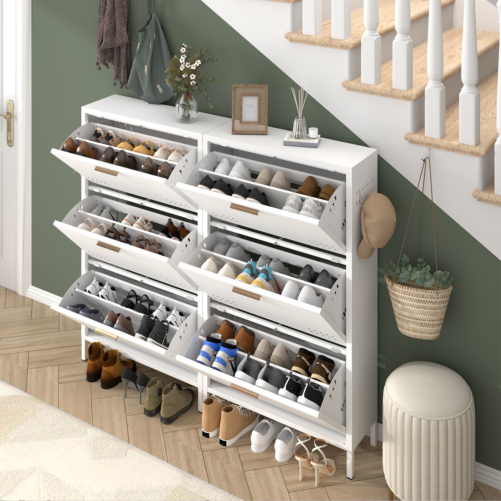 Shoe Cabinet with 3 Flip Drawers, Hidden Metal Shoe Cabinet for Entryway Hallway