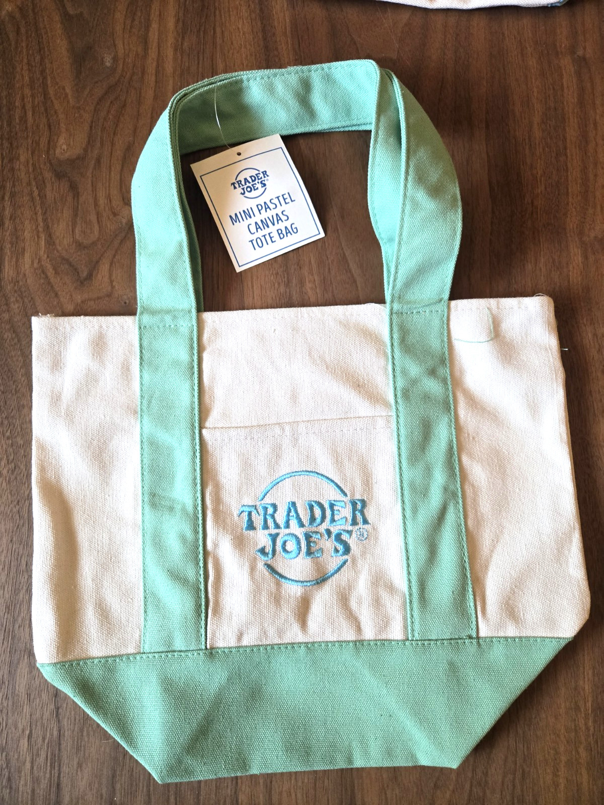 Trader Joe’s Mini GREEN Pastel Canvas Tote Bag New With Tags Embroidery