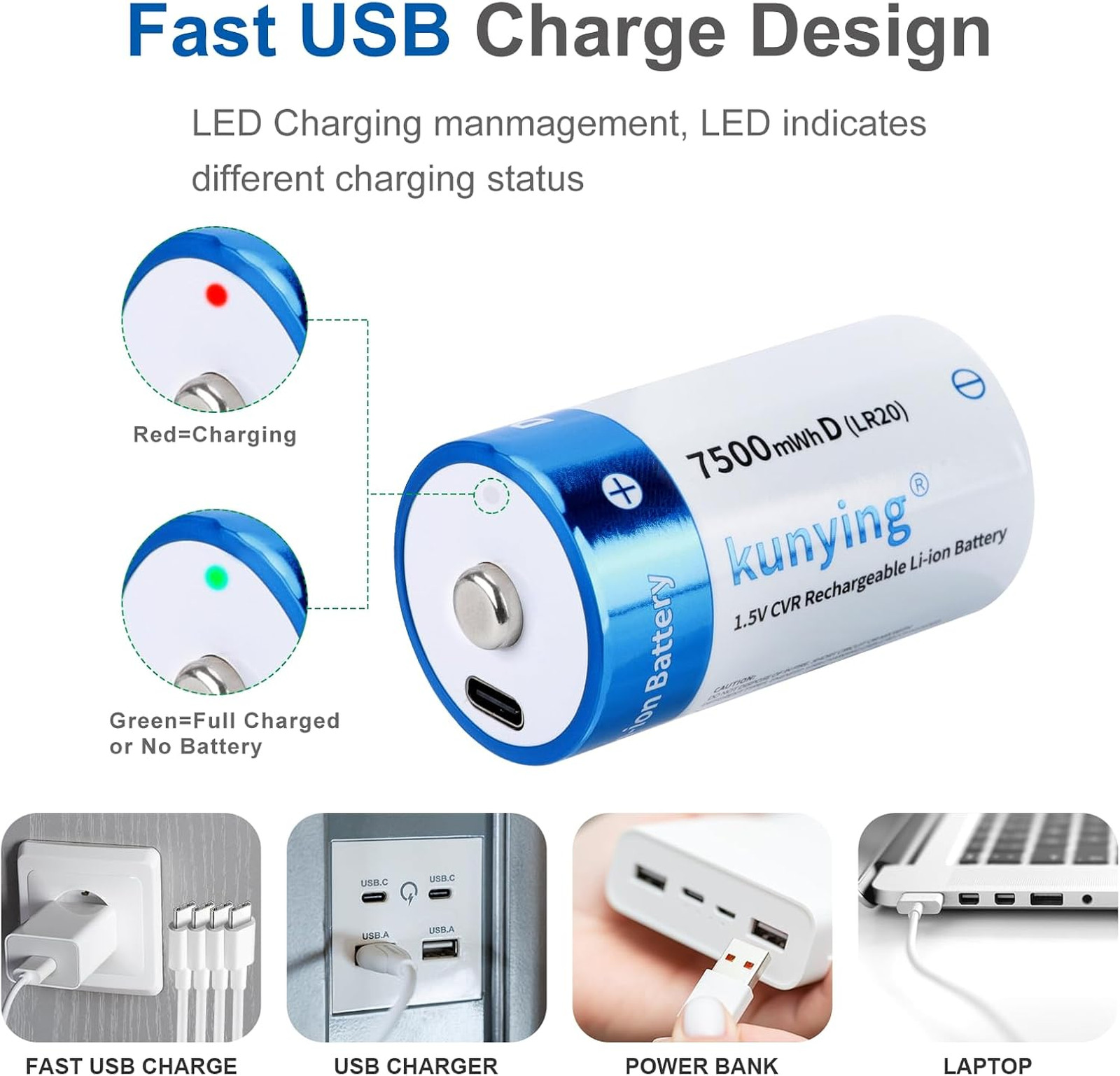 4-Pack Rechargeable Lithium D Batteries 7500mAh USB Charger for Flashlights