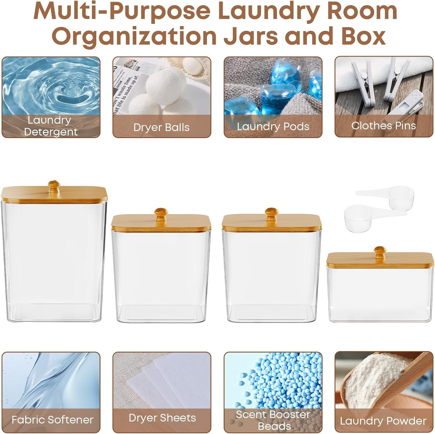 4 Pack Clear Laundry Pods Container & Dryer Sheet Holder,Bamboo Lids | Clear Squ