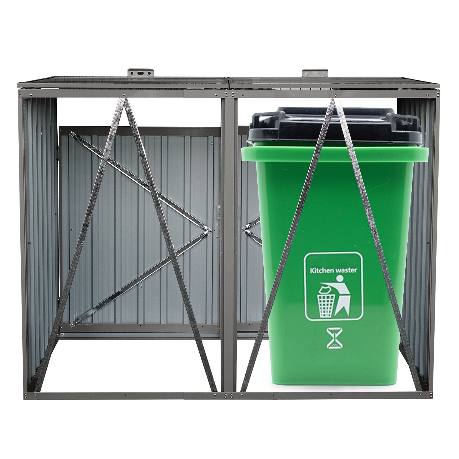 Garbage Bin Shed Stores 2 Trash Cans Metal Outdoor Bin Shed for Garbage Storage