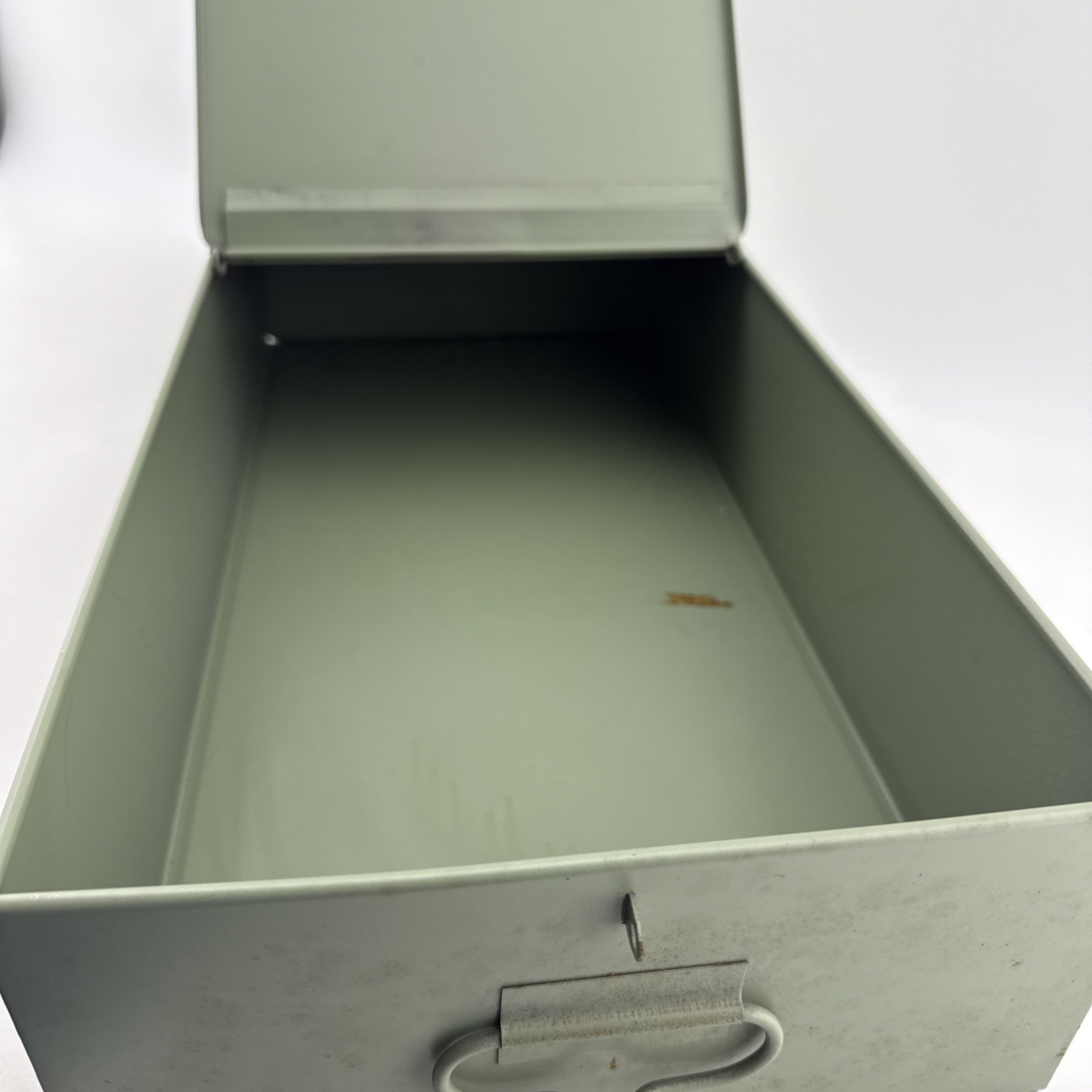 Vintage X-10 Light Green Metal Storage Box 21.5x10x5 Slide Lid