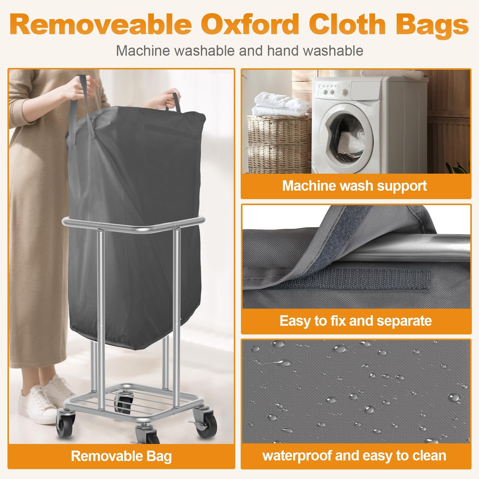 Rolling Laundry Hamper Wheels Removable Washable Liner Steel Frame 115L Gray