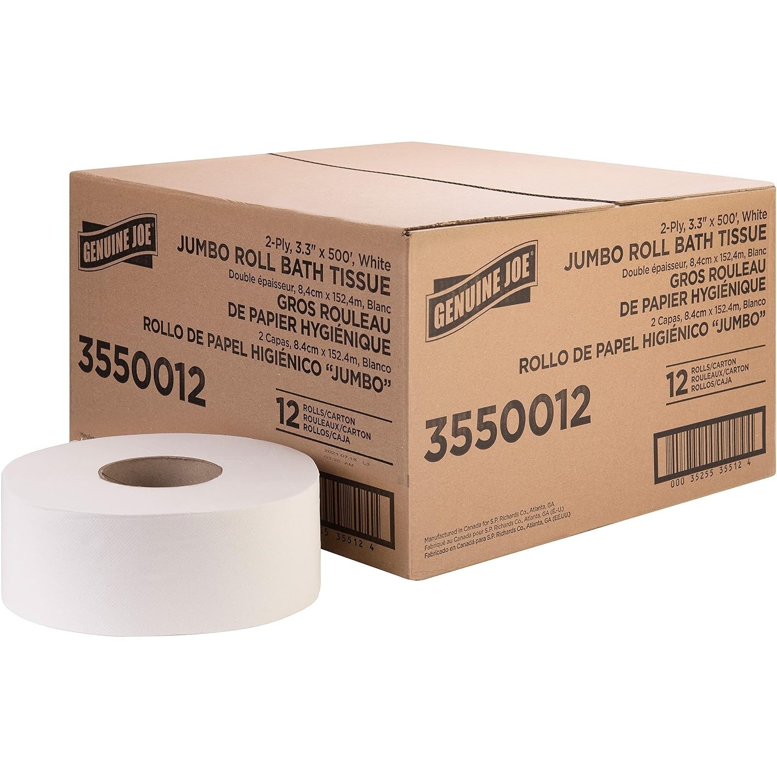 Genuine Joe Jumbo Roll Bath Tissue – 2-Ply White Toilet Paper, 12 Count