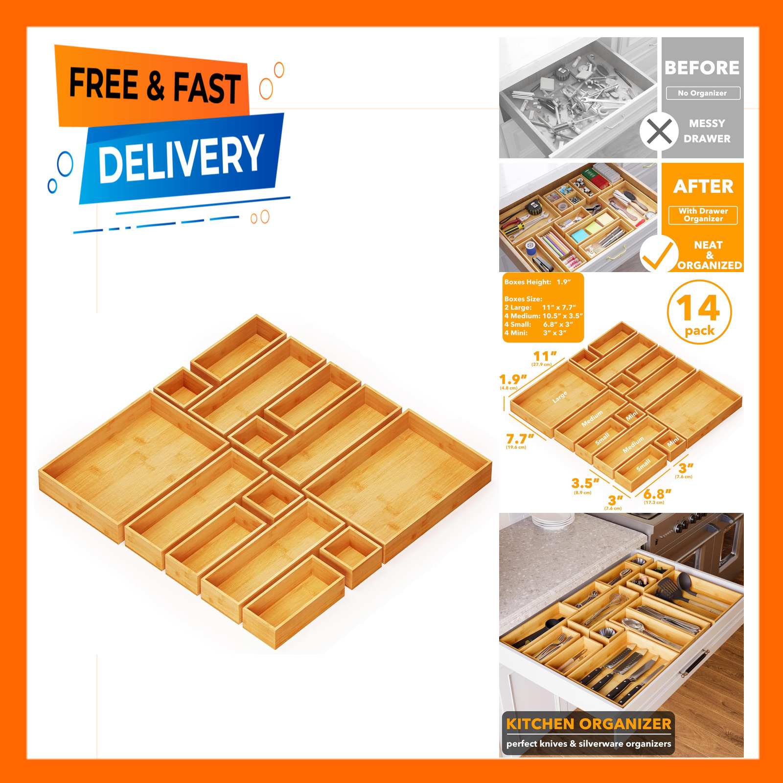 14 Piece Bamboo Drawer Organizer Set Storage Boxes Multi-Use Divider Bins for