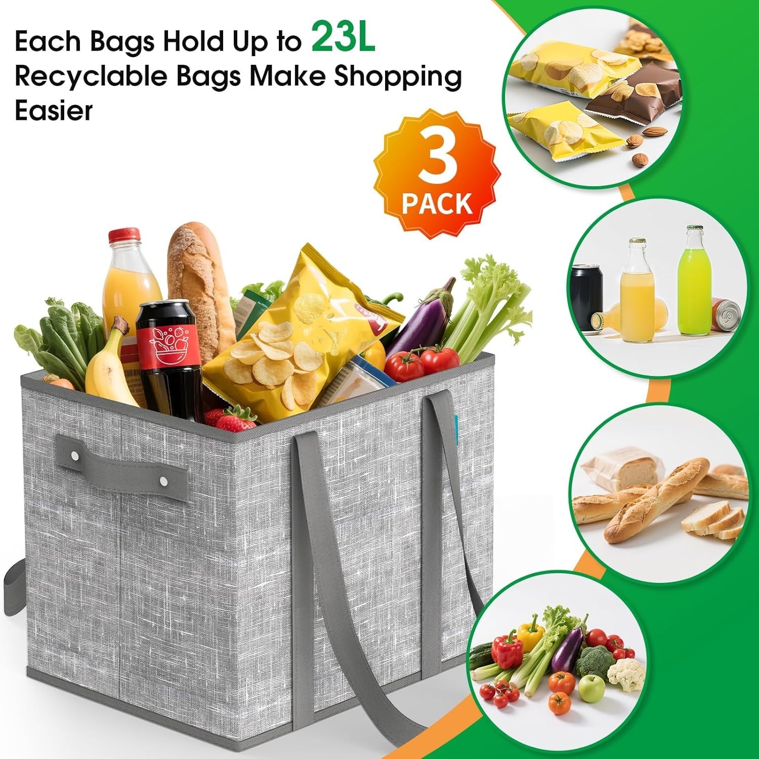 Collapsible Reusable Grocery Bags Heavy-Duty Shopping Tote Box Reinforced Handle