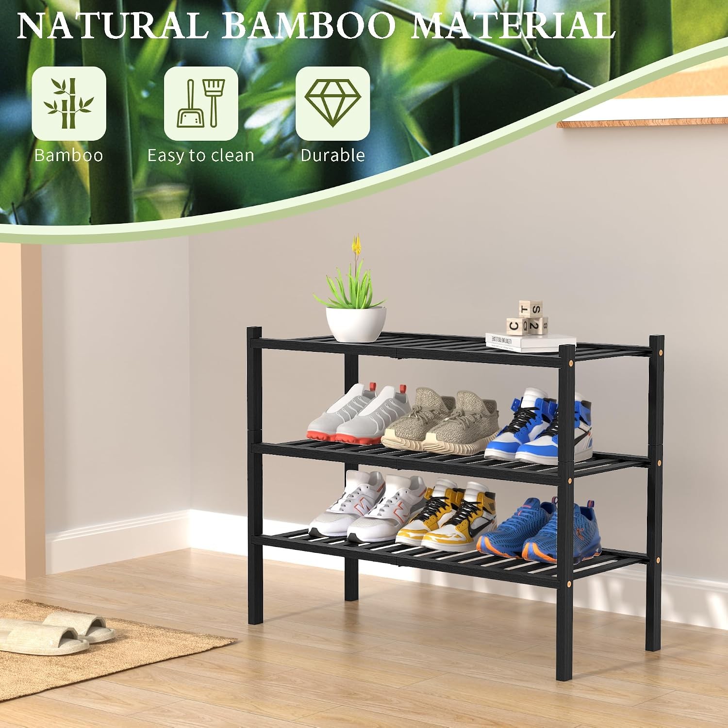 3 Tier Bamboo Shoe Rack for Closet Standing Wood Shoe Shelf Storage Organizer
