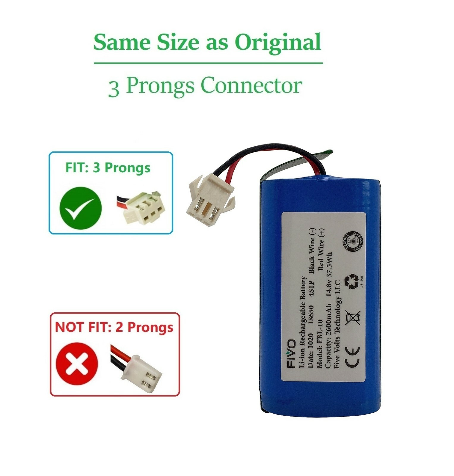 Replacement Battery for Shark Ion RV750 RV720 RV725 RV700 Models (3-prongs plug)