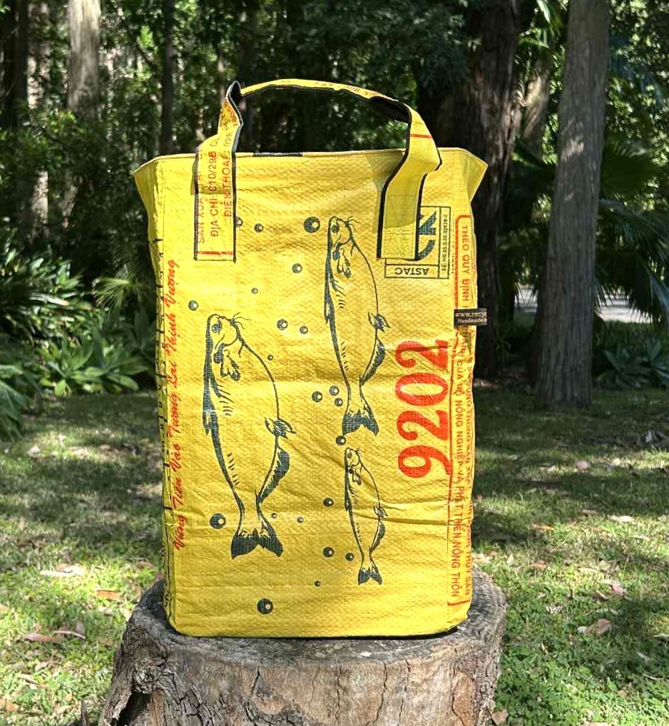 Fair Trade Upcycled Laundry Basket made from Recycled Fish Feed Bags in Cambodia