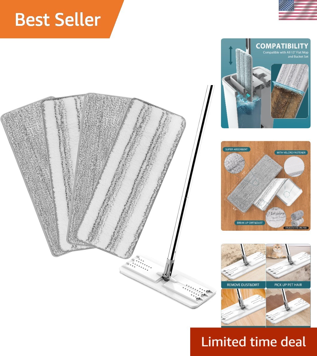 4 Pack Washable Microfiber Mop Replacement Pads for 13” X 4.9” Flat Mops