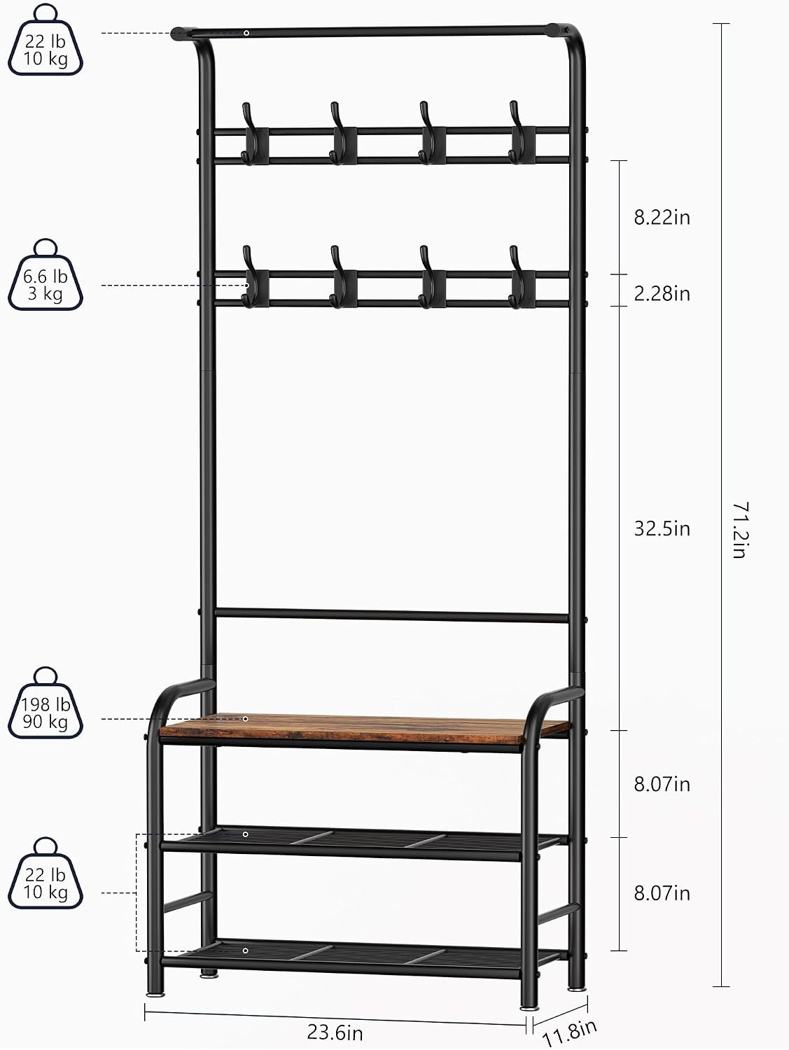 Hall Tree with Shoe Bench, 4-In-1 Entryway Coat Rack | Freestanding Mudroom Orga