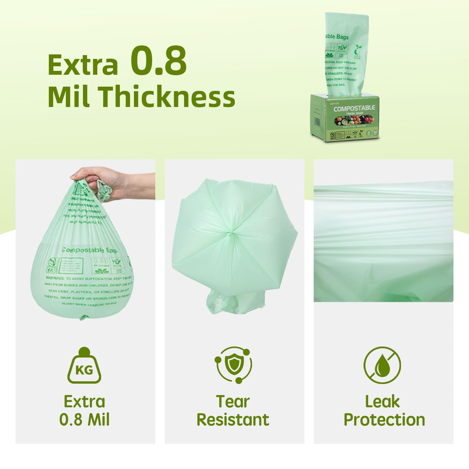 Compostable Trash Bags, Small Compost Bags 3 Gallon, Extra Thick 0.8 Mils, 16.9