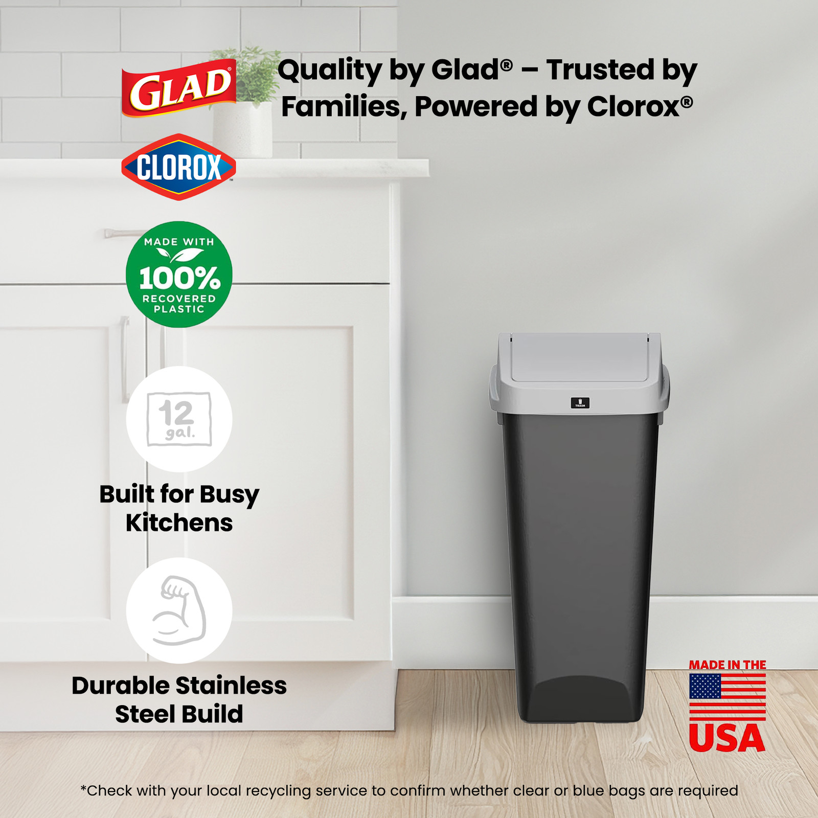 Glad Link & Sort 3-Piece Waste and Recycling Bin with Lid Set, 36 Gallon, Black