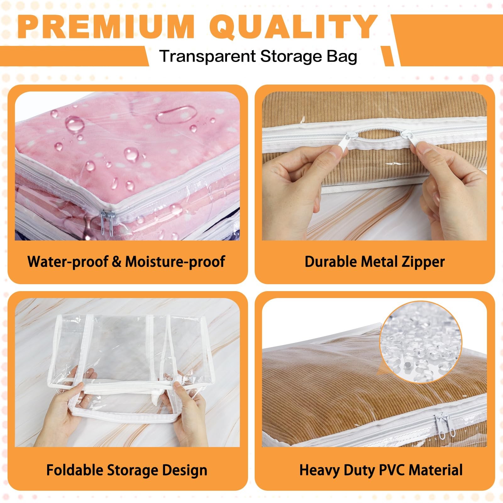 6 PCS 15.7×13.8×3.9 Inch White Clear Plastic Zippered Sweater Storage Bags