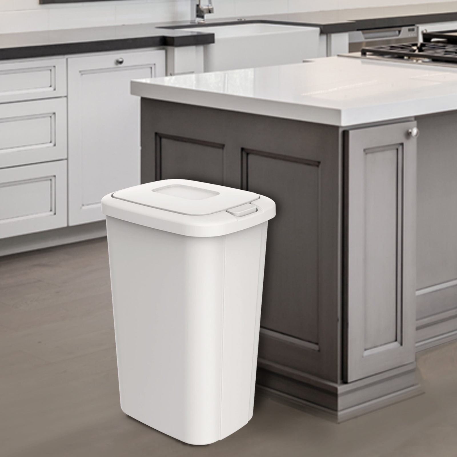 Hefty 13.3 Gallon Trash Can, Plastic Touch Top Kitchen Trash Can, White