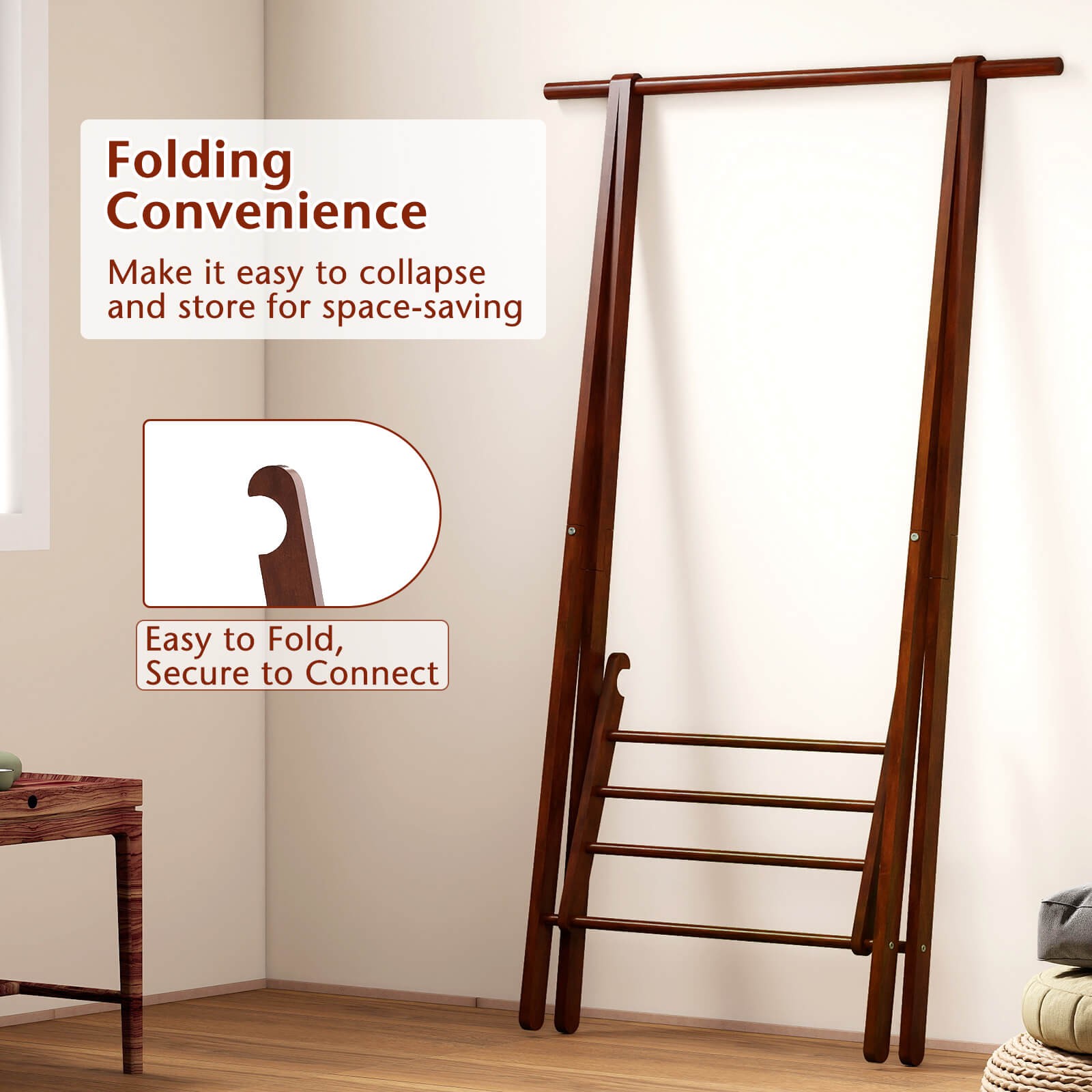 Folding Rubber Wood Clothes Hanging Rack w/Bottom Storage Shelf for Bedroom