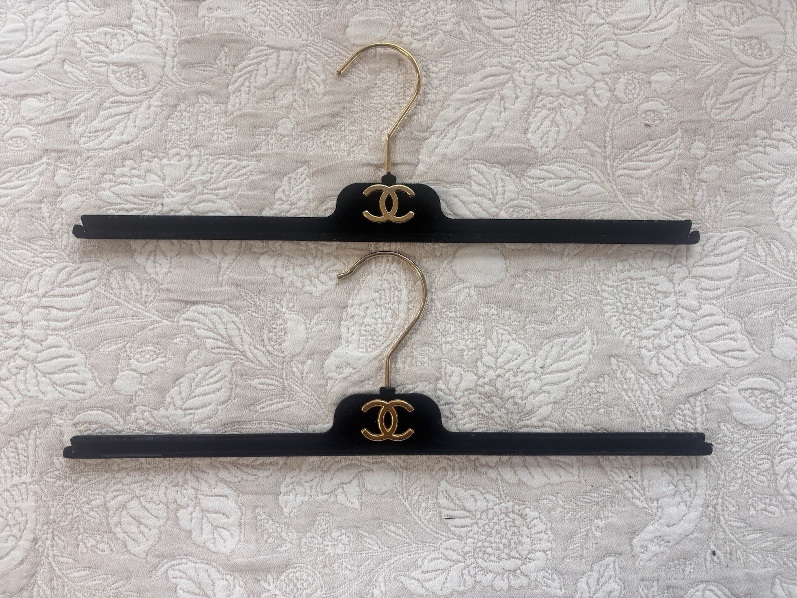 Pair Chanel Black Velvet Gold CC Logo Garment Shirt Sweater Hangers 15 Inch