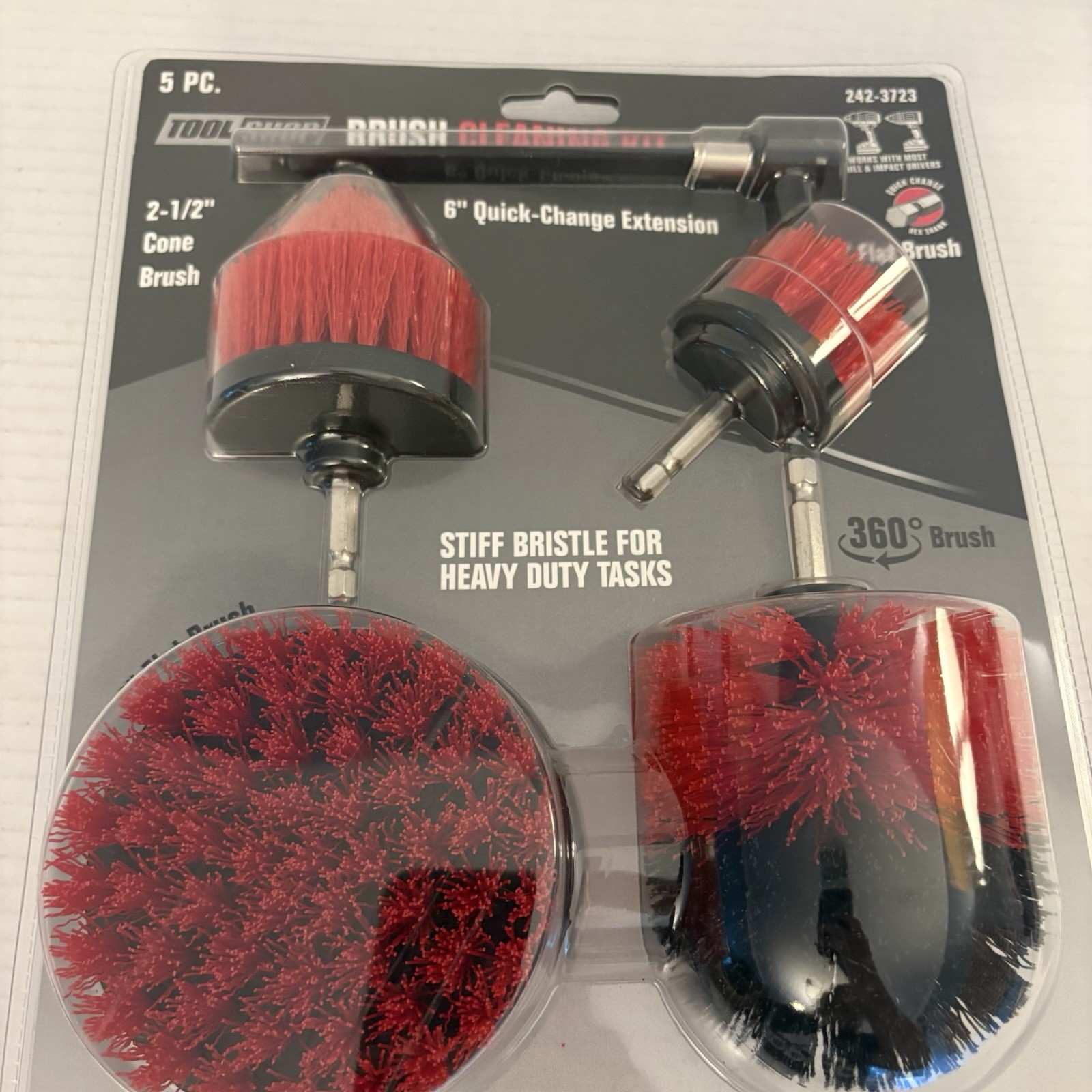 5 Piece Red Head Drill Brush Cleaning Tool Kit 1/4″ Hex Shank Medium Bristle